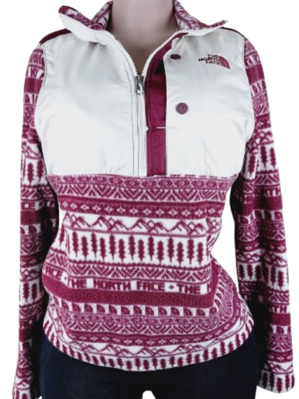 The North Face Women's White Burgundy Winter Warm 1/2 Zip Fleece Jacket Size M